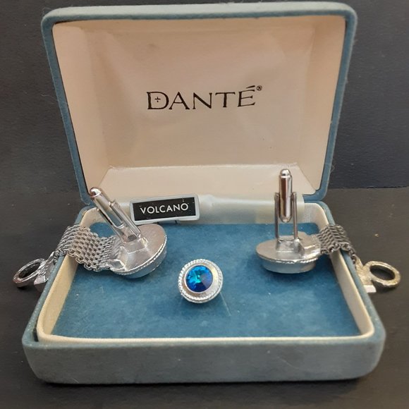 Vintage Dante blue volcano cufflink tie tac set - Picture 3 of 3